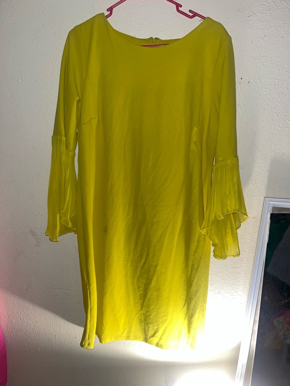 Bright Yellow Bell-Sleeve Shift Dress - Elegant Everyday Wear ,small stain